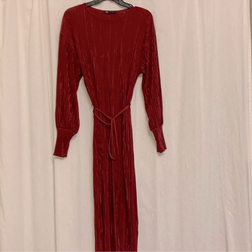Zara Crimson Long Sleeve Pleated Dress